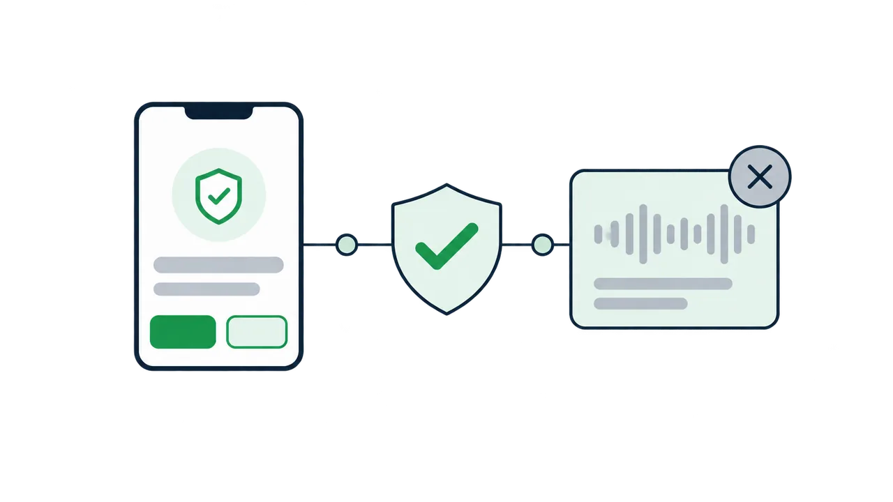 A phone showing an authenticator approve prompt shielding against a waveform of a cloned voice