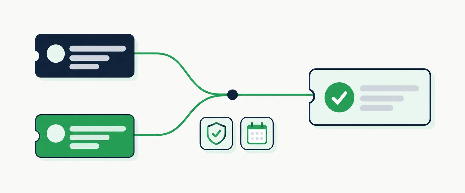 A navy request card and a green request card join on one wire into a single finished ticket with a green check