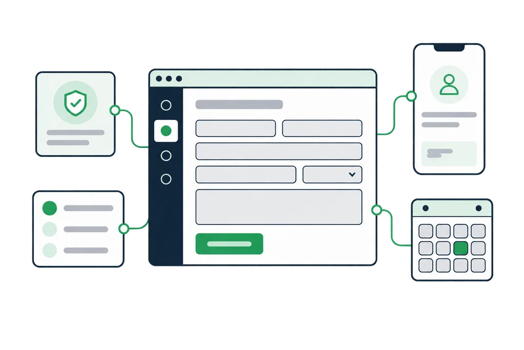 A tidy web portal request form with a client at a desk
