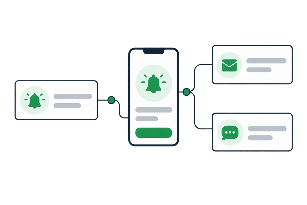 A bell sending message cards toward a phone, email and chat bubble