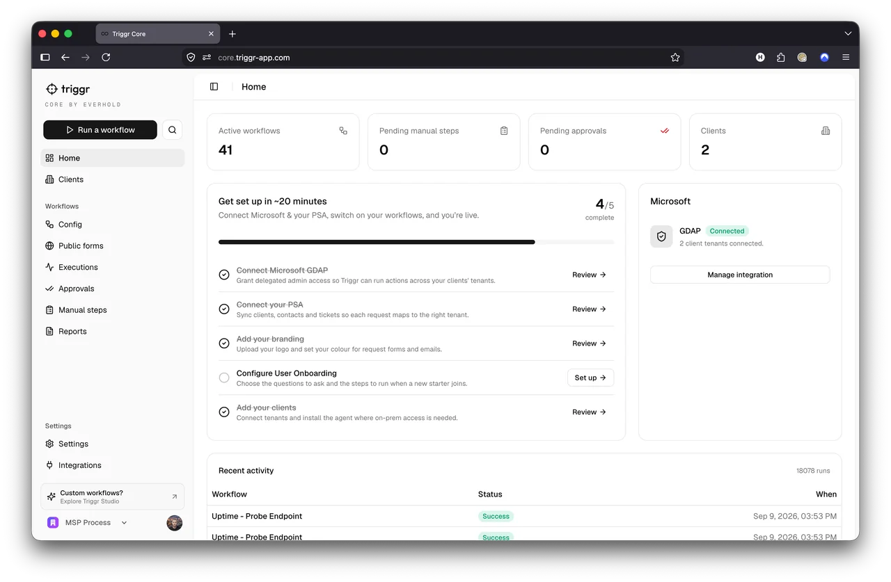 Triggr Core: the automation catalogue with a workflow open
