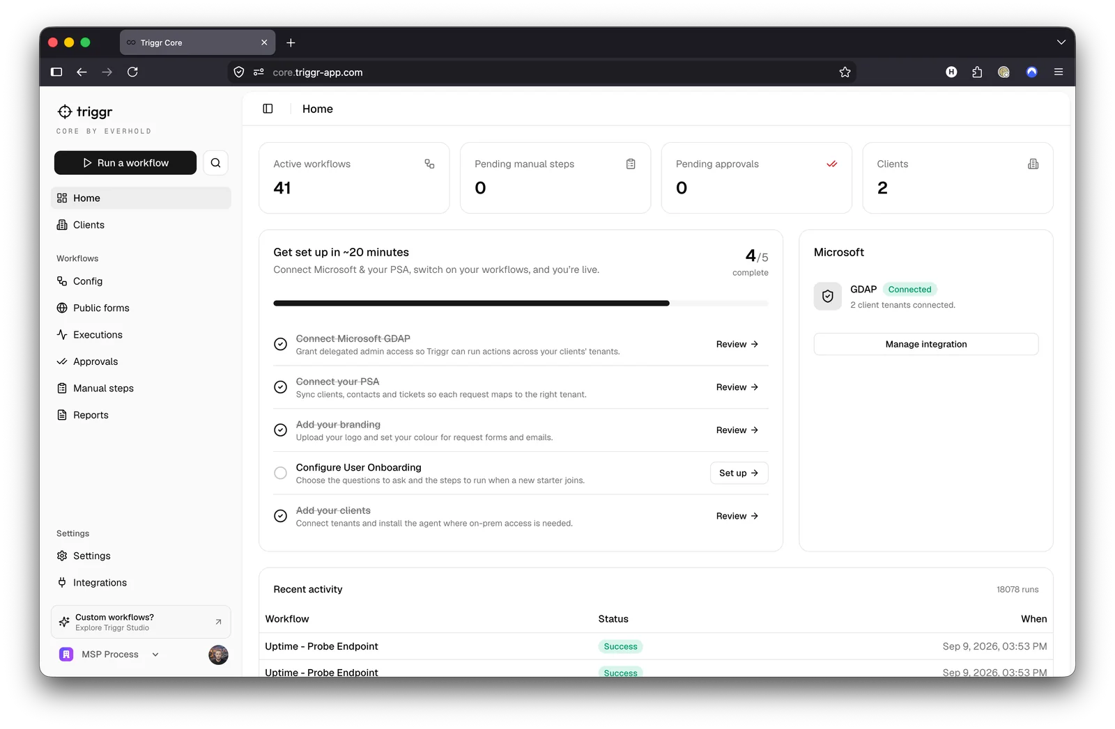 Triggr Core: the automation catalogue with a workflow open