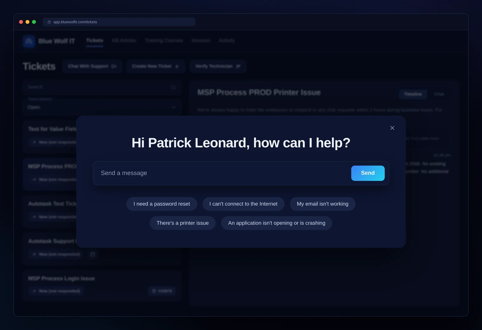 MSP Process chat dialog: 'Hi Patrick Leonard, how can I help?' with quick-reply options for common IT requests like password resets, connectivity, email, printers, and crashing apps
