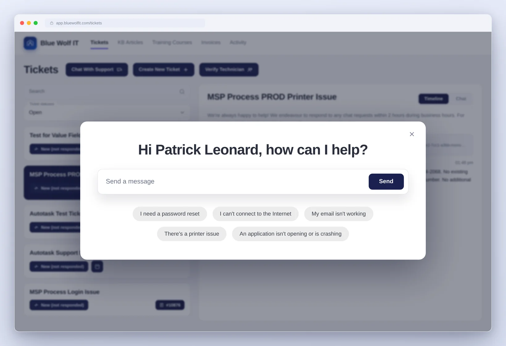 MSP Process chat dialog: 'Hi Patrick Leonard, how can I help?' with quick-reply options for common IT requests like password resets, connectivity, email, printers, and crashing apps