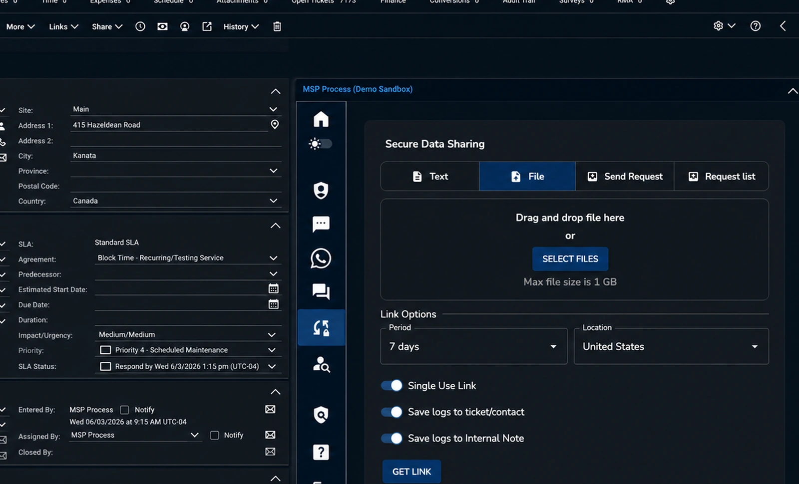 Service ticket showing the embedded MSP Process Secure Data Sharing panel with Text, File, Send Request, and Request list tabs, a drag-and-drop file area, and link options for period, location, single-use link, and log destinations.