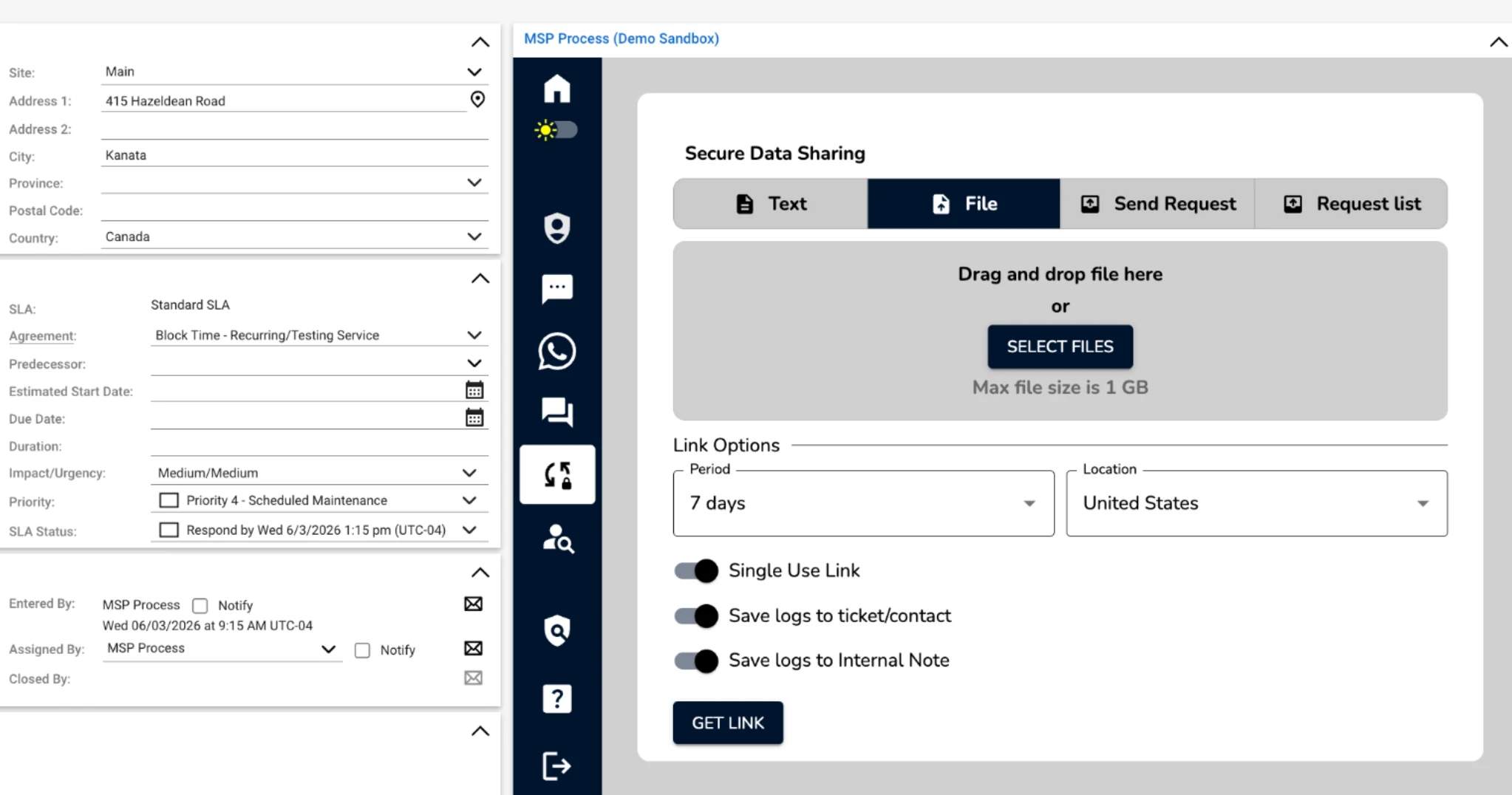 Service ticket showing the embedded MSP Process Secure Data Sharing panel with Text, File, Send Request, and Request list tabs, a drag-and-drop file area, and link options for period, location, single-use link, and log destinations.